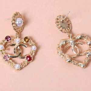 Gold Tone Heart-Shaped Earrings with Multicolor Accents CC